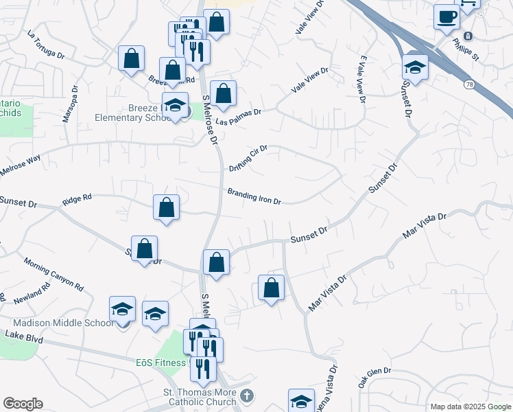 map of restaurants, bars, coffee shops, grocery stores, and more near 1160 Branding Iron Drive in Vista