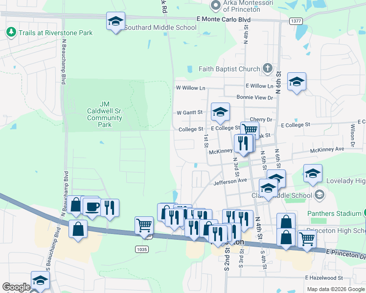 map of restaurants, bars, coffee shops, grocery stores, and more near 172 Prairie Creek Circle in Princeton