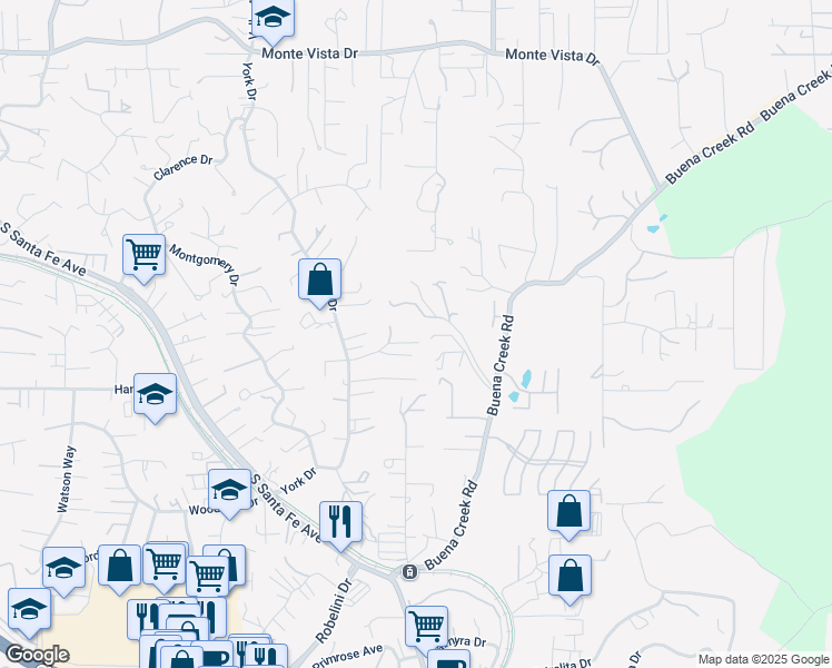 map of restaurants, bars, coffee shops, grocery stores, and more near 1618 York Drive in Vista