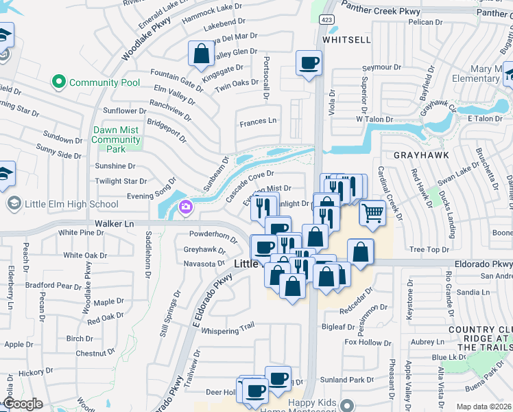 map of restaurants, bars, coffee shops, grocery stores, and more near 2732 Evening Mist Drive in Little Elm
