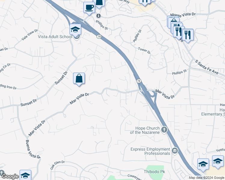 map of restaurants, bars, coffee shops, grocery stores, and more near Mar Vista Drive in Vista