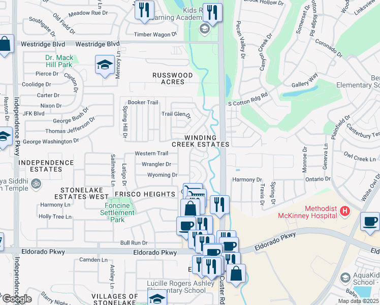 map of restaurants, bars, coffee shops, grocery stores, and more near 12595 Valley Spring Drive in Frisco