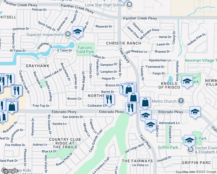 map of restaurants, bars, coffee shops, grocery stores, and more near 2205 Brazos Drive in Frisco