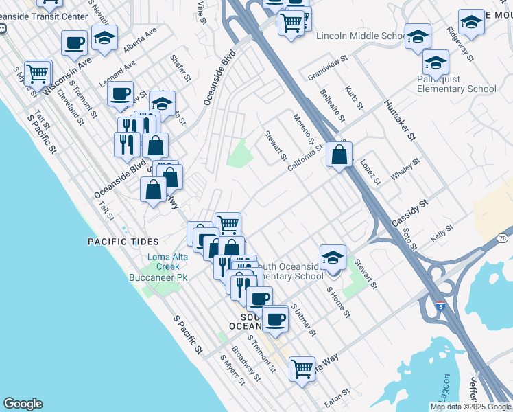 map of restaurants, bars, coffee shops, grocery stores, and more near 1511 Lucky Street in Oceanside