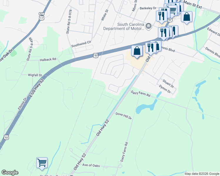 map of restaurants, bars, coffee shops, grocery stores, and more near 155 Bradley Road in Moncks Corner