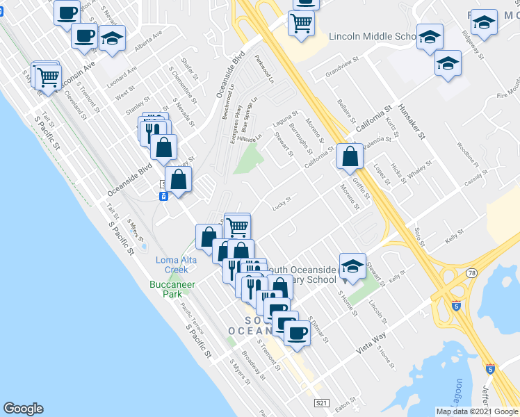 map of restaurants, bars, coffee shops, grocery stores, and more near 907 California Street in Oceanside