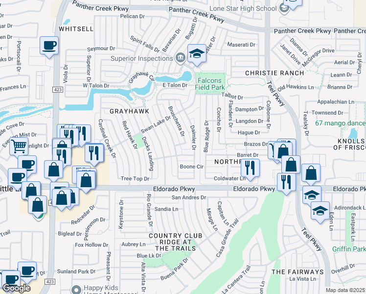 map of restaurants, bars, coffee shops, grocery stores, and more near 1803 Renault Drive in Frisco