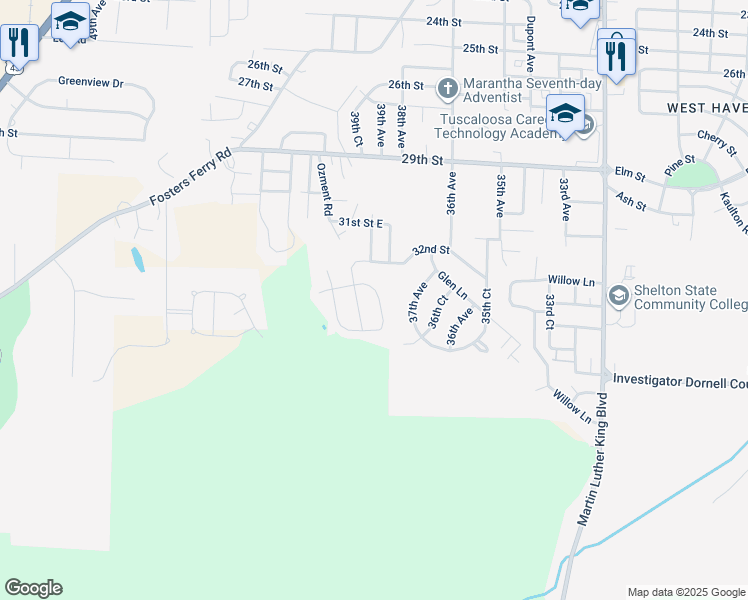 map of restaurants, bars, coffee shops, grocery stores, and more near 3301 32nd Street in Tuscaloosa