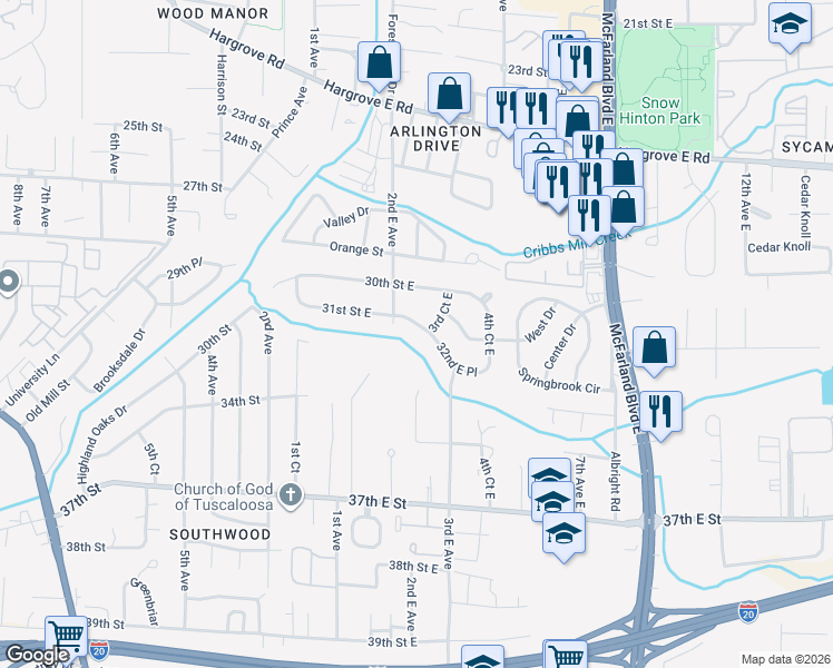 map of restaurants, bars, coffee shops, grocery stores, and more near 209 32nd Place East in Tuscaloosa