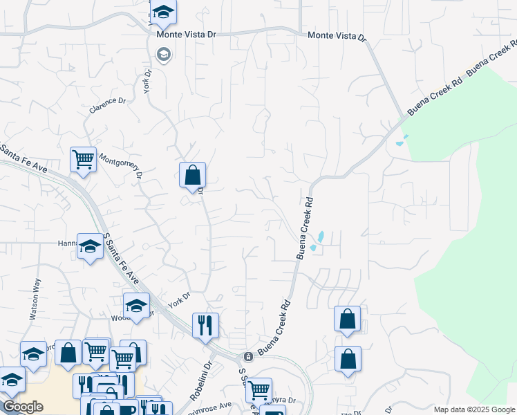 map of restaurants, bars, coffee shops, grocery stores, and more near 1618 York Drive in Vista