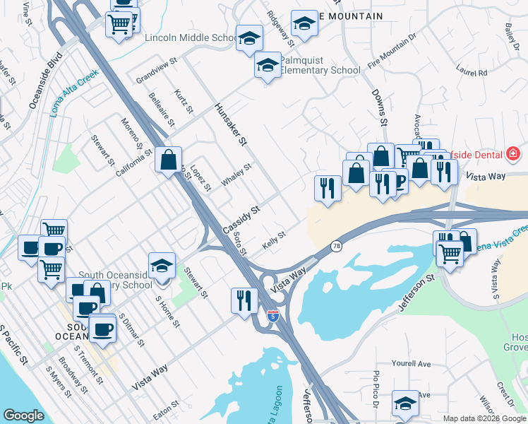 map of restaurants, bars, coffee shops, grocery stores, and more near 1707 Cassidy Street in Oceanside