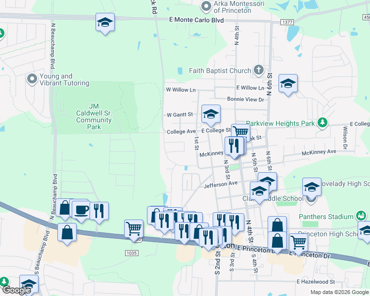 map of restaurants, bars, coffee shops, grocery stores, and more near 172 Prairie Creek Circle in Princeton