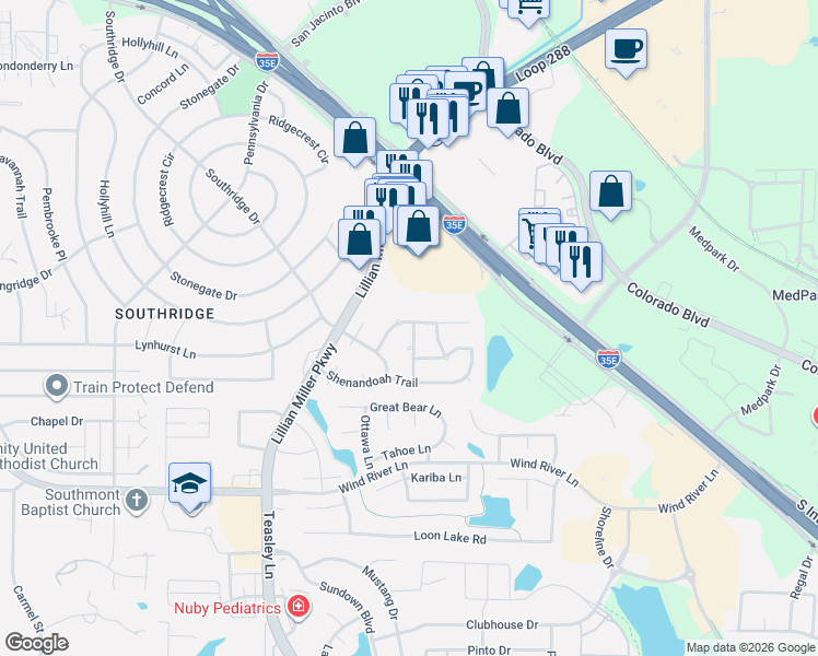 map of restaurants, bars, coffee shops, grocery stores, and more near 2501 Shiloh Road in Denton