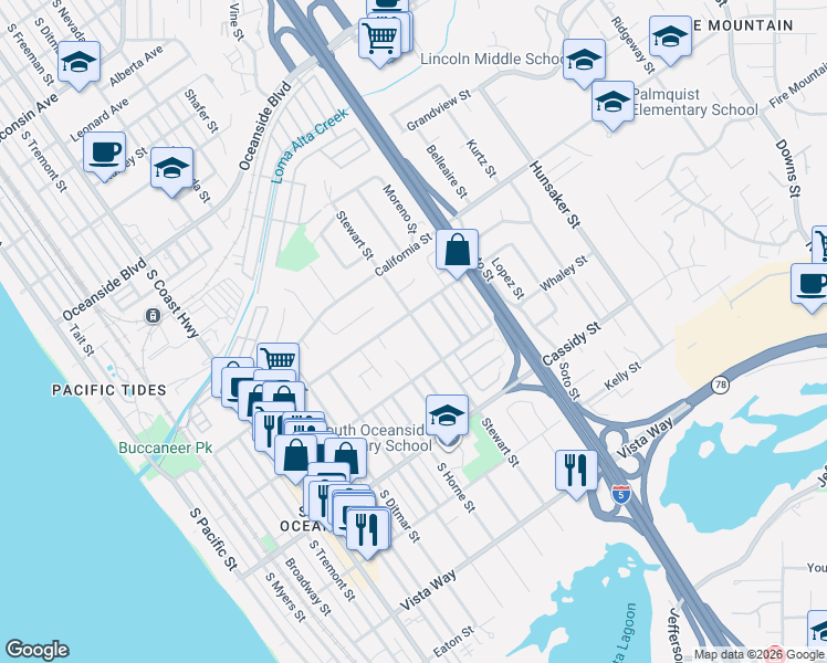 map of restaurants, bars, coffee shops, grocery stores, and more near 1610 Stewart Street in Oceanside