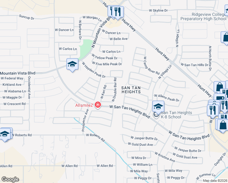map of restaurants, bars, coffee shops, grocery stores, and more near 3149 West Tanner Ranch Road in Queen Creek