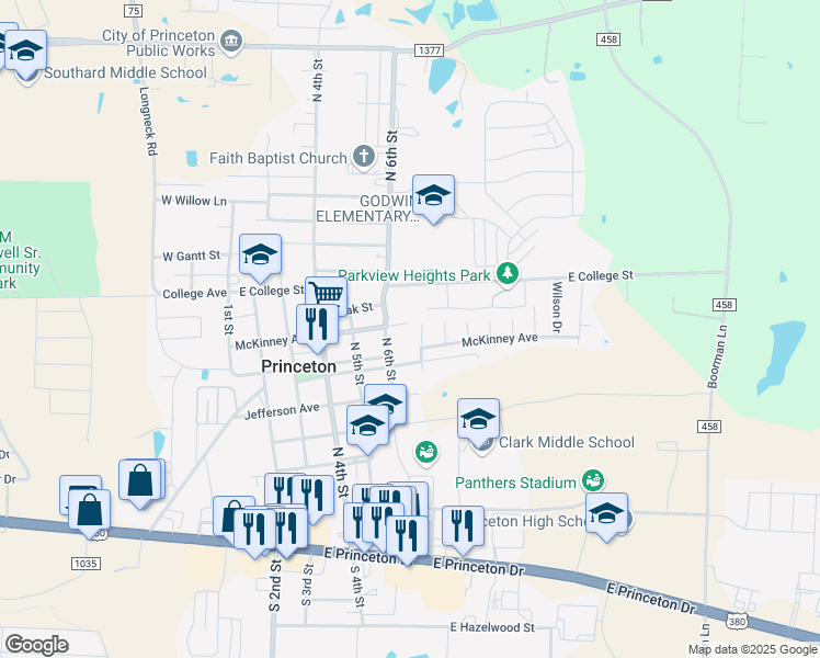 map of restaurants, bars, coffee shops, grocery stores, and more near 623 McKinney Ave in Princeton