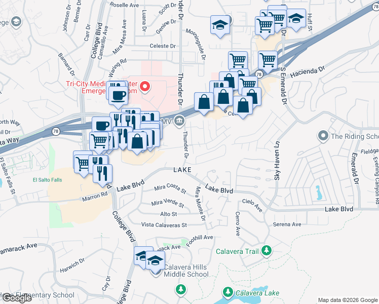 map of restaurants, bars, coffee shops, grocery stores, and more near 3522 Thunder Drive in Oceanside