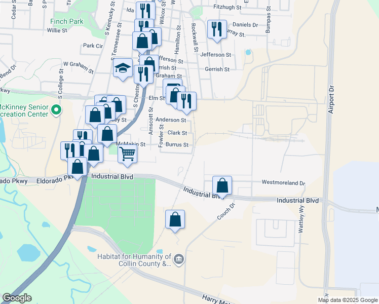 map of restaurants, bars, coffee shops, grocery stores, and more near 727 Dudperkins Street in McKinney