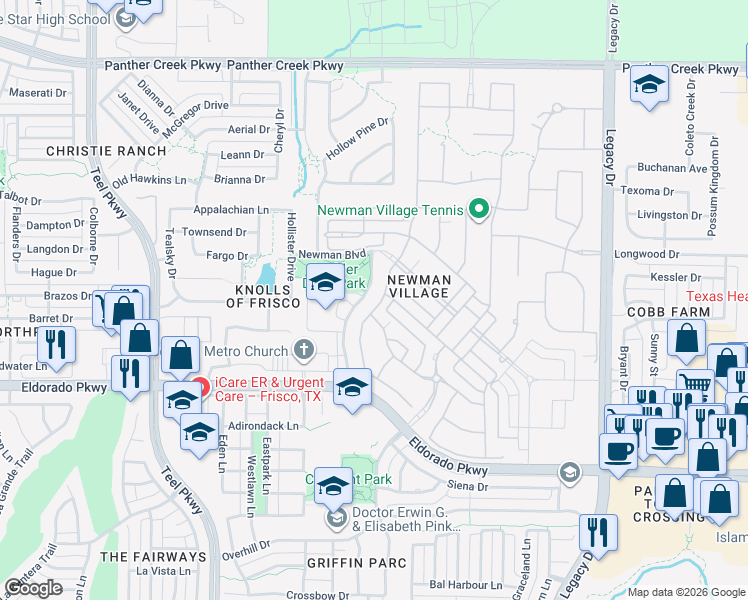 map of restaurants, bars, coffee shops, grocery stores, and more near 12473 Winding Hollow Lane in Frisco