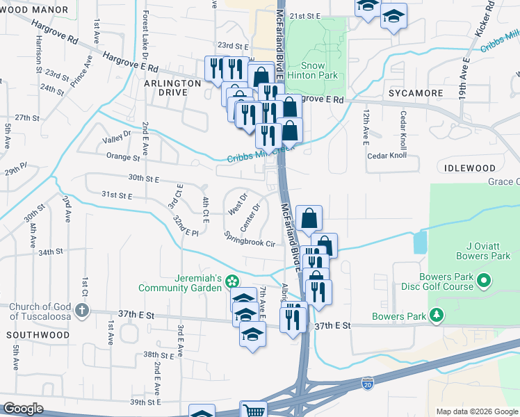 map of restaurants, bars, coffee shops, grocery stores, and more near 80 Springbrook in Tuscaloosa