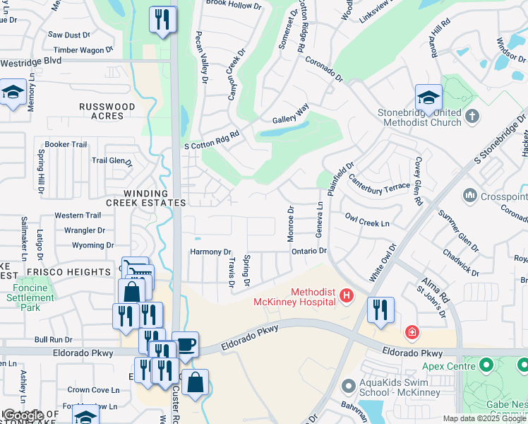 map of restaurants, bars, coffee shops, grocery stores, and more near 8420 Brunswick Lane in McKinney