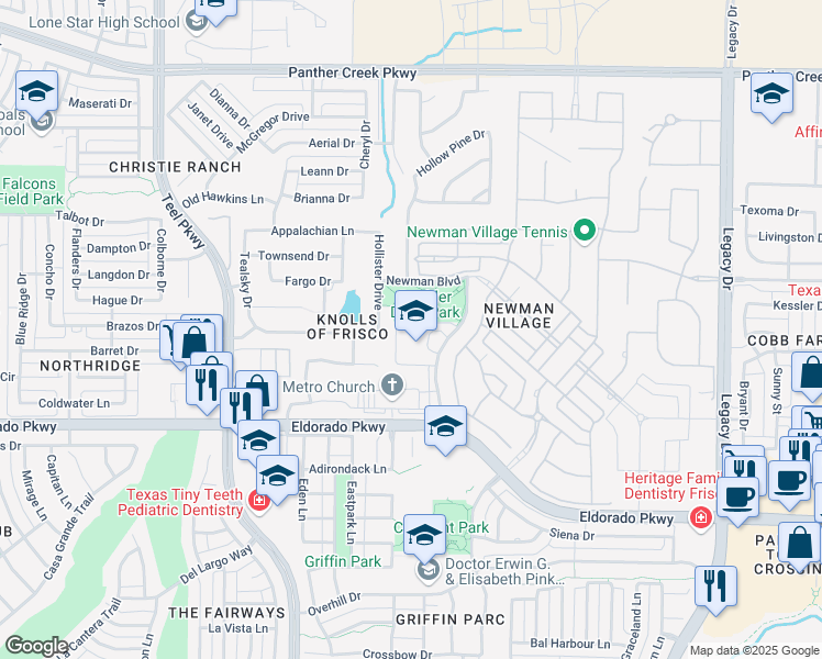 map of restaurants, bars, coffee shops, grocery stores, and more near 12333 Briar Ridge Road in Frisco