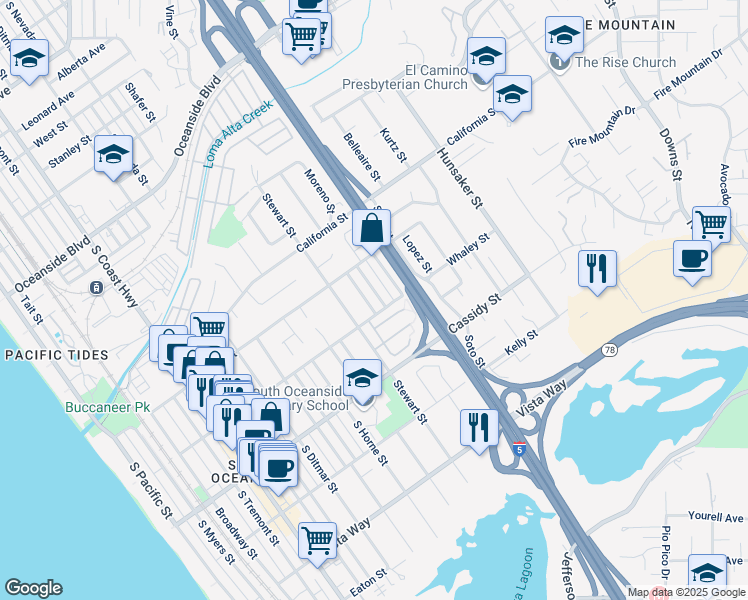map of restaurants, bars, coffee shops, grocery stores, and more near 1632 Burroughs Street in Oceanside