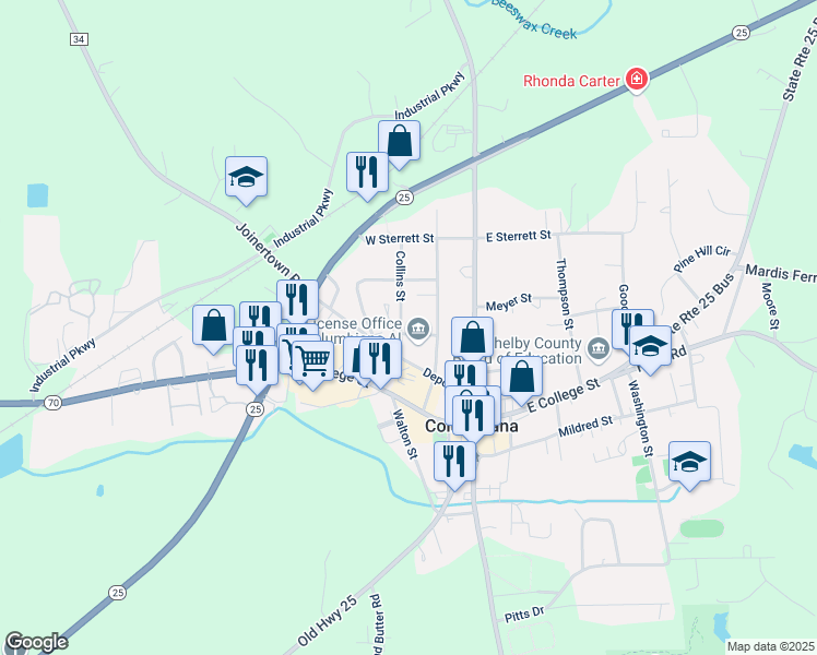 map of restaurants, bars, coffee shops, grocery stores, and more near 101 Collins Street in Columbiana