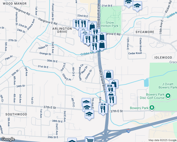 map of restaurants, bars, coffee shops, grocery stores, and more near 80 Springbrook in Tuscaloosa