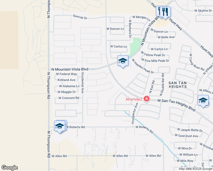 map of restaurants, bars, coffee shops, grocery stores, and more near 3867 West Alabama Lane in Queen Creek