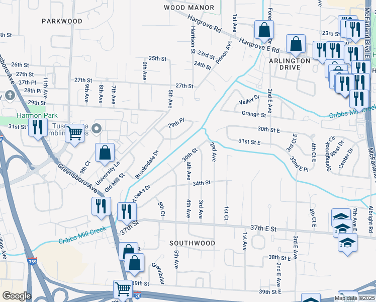 map of restaurants, bars, coffee shops, grocery stores, and more near 400 30th Street in Tuscaloosa