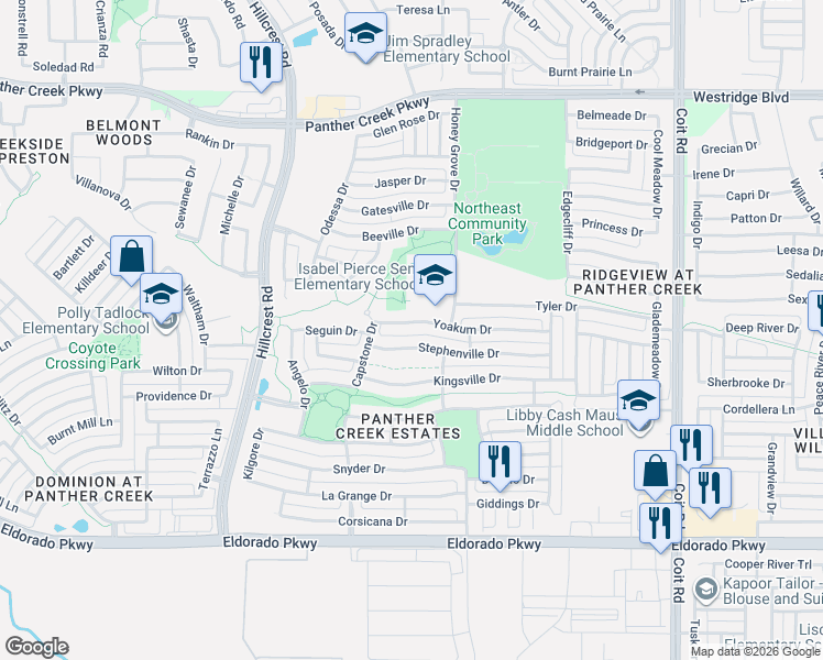 map of restaurants, bars, coffee shops, grocery stores, and more near 11517 Yoakum Drive in Frisco