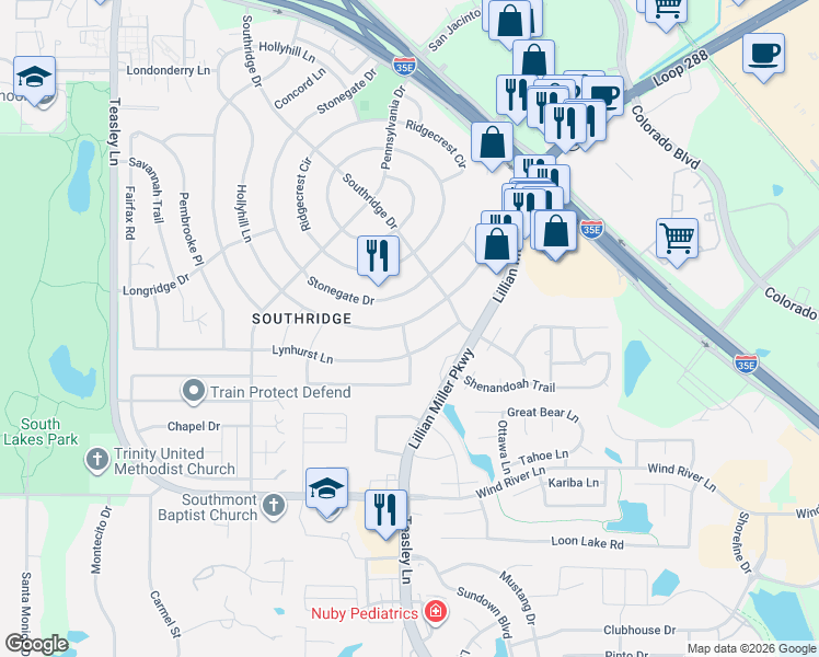 map of restaurants, bars, coffee shops, grocery stores, and more near 601 Lafayette Drive in Denton