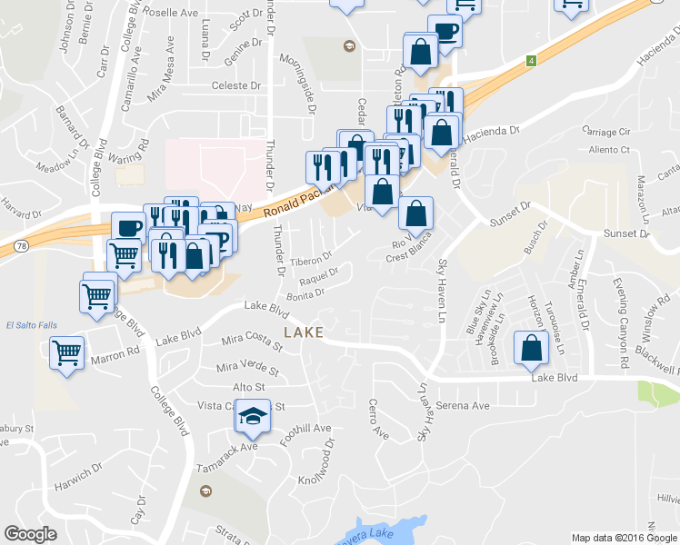 map of restaurants, bars, coffee shops, grocery stores, and more near 4271 Raquel Drive in Oceanside