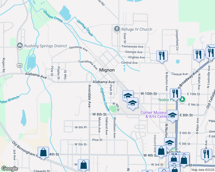 map of restaurants, bars, coffee shops, grocery stores, and more near 95 Alabama Avenue in Sylacauga