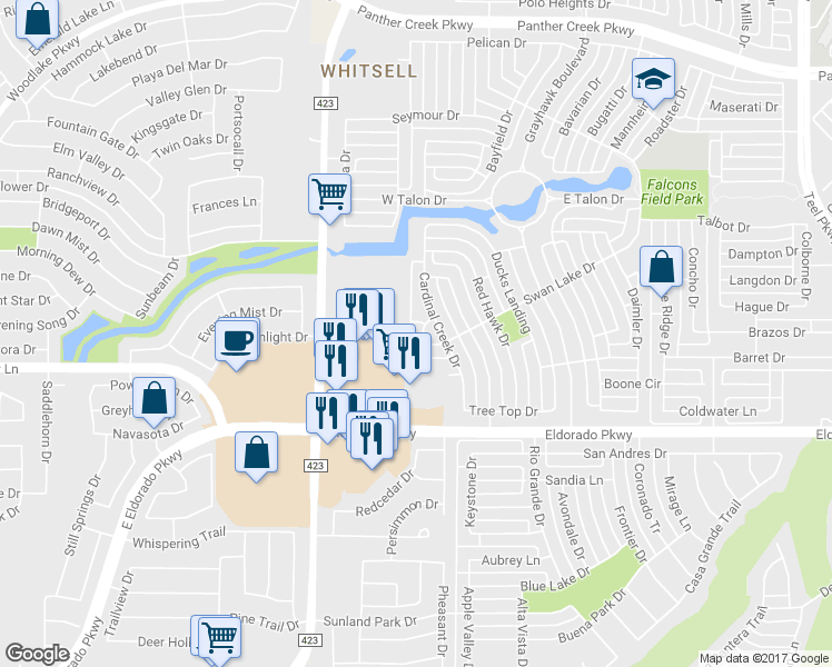 map of restaurants, bars, coffee shops, grocery stores, and more near 12353 Flamingo Court in Frisco
