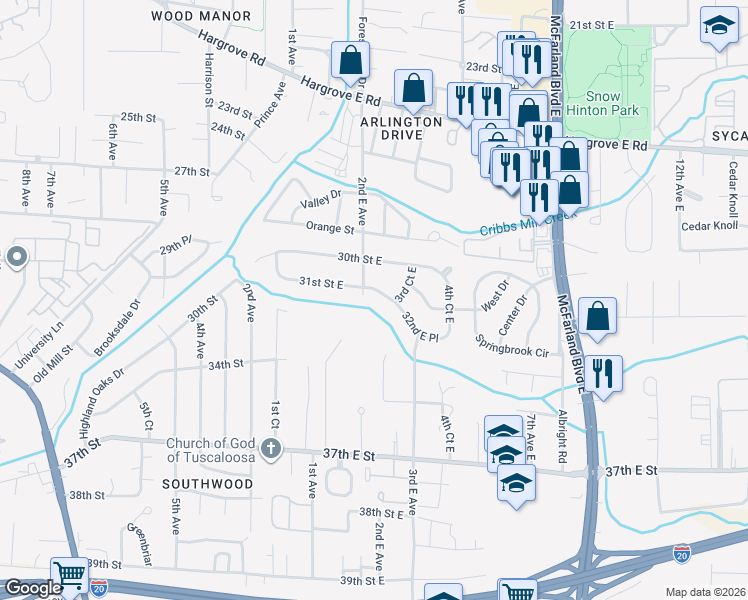 map of restaurants, bars, coffee shops, grocery stores, and more near 209 32nd Place East in Tuscaloosa