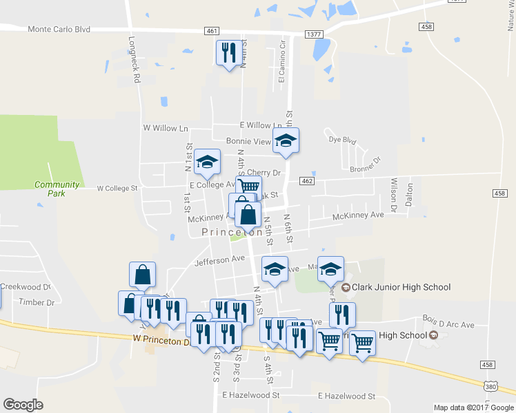 map of restaurants, bars, coffee shops, grocery stores, and more near 414 McKinney Avenue in Princeton
