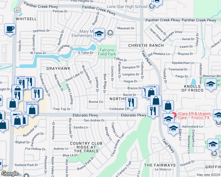 map of restaurants, bars, coffee shops, grocery stores, and more near 12403 Concho Drive in Frisco