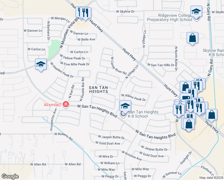 map of restaurants, bars, coffee shops, grocery stores, and more near 2749 West Allens Peak Drive in Queen Creek