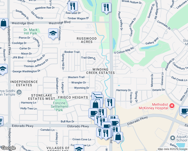 map of restaurants, bars, coffee shops, grocery stores, and more near 12595 Valley Spring Drive in Frisco
