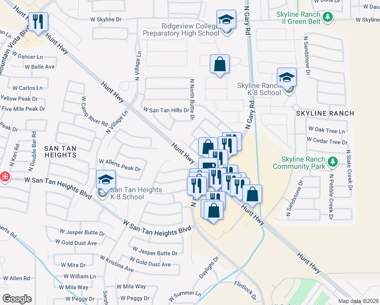 map of restaurants, bars, coffee shops, grocery stores, and more near 1831 West Desert Seasons Drive in Queen Creek