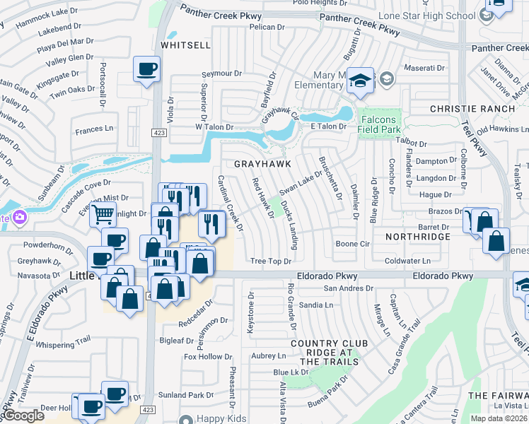 map of restaurants, bars, coffee shops, grocery stores, and more near 12411 Red Hawk Drive in Frisco