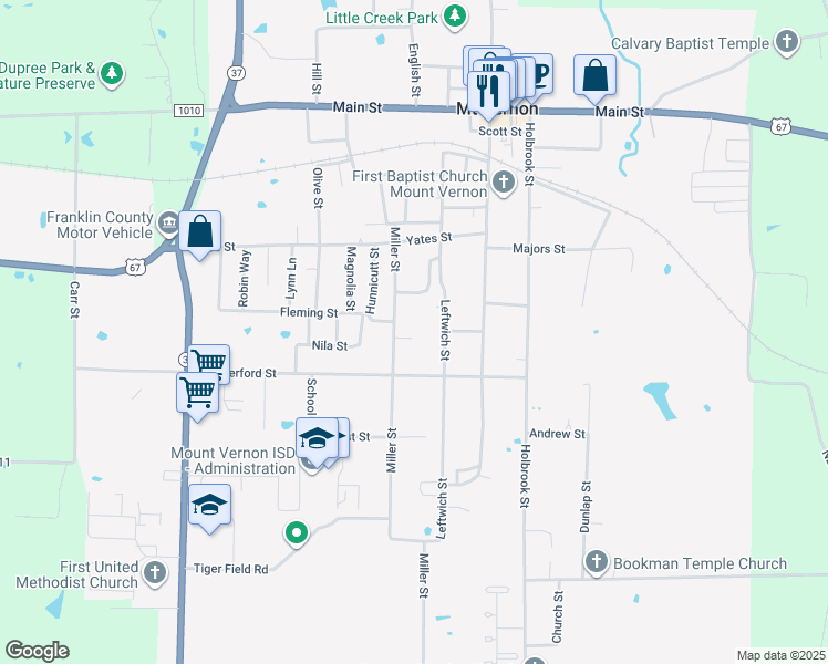 map of restaurants, bars, coffee shops, grocery stores, and more near 105 Pecan Ridge in Mount Vernon