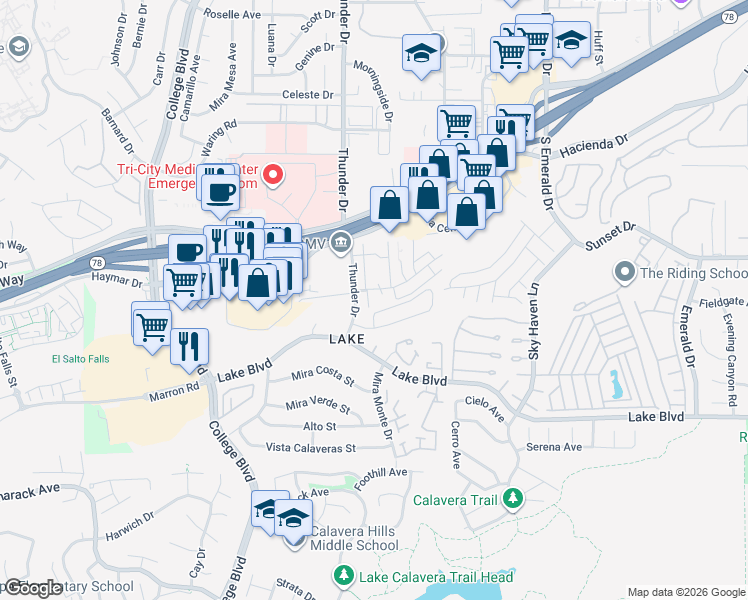 map of restaurants, bars, coffee shops, grocery stores, and more near 4121 Tiberon Drive in Oceanside