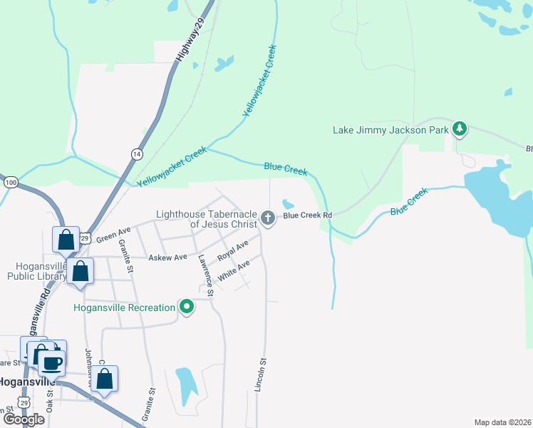 map of restaurants, bars, coffee shops, grocery stores, and more near 100 Blue Creek Court in Hogansville