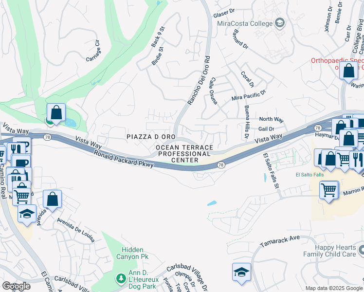 map of restaurants, bars, coffee shops, grocery stores, and more near 3603 Vista Way in Oceanside