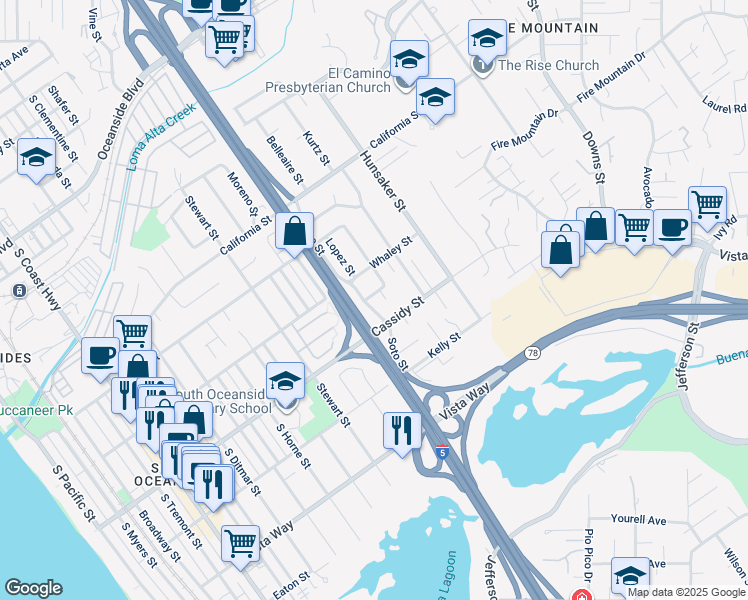 map of restaurants, bars, coffee shops, grocery stores, and more near 1500 Lauralynn Place in Oceanside