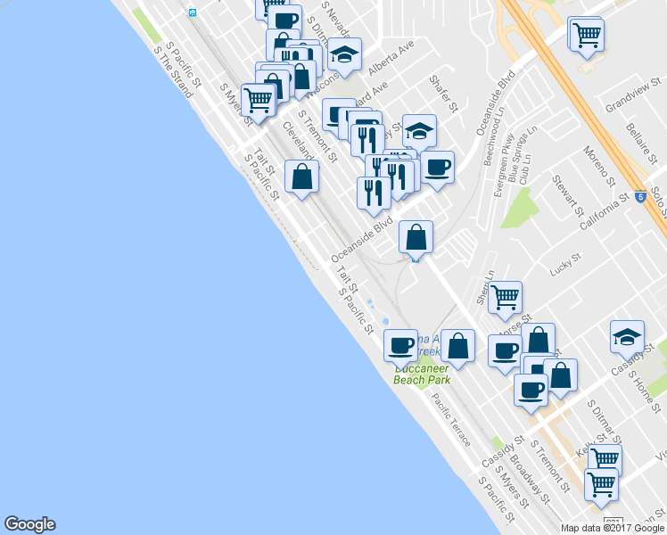 map of restaurants, bars, coffee shops, grocery stores, and more near 1212 Tait Street in Oceanside