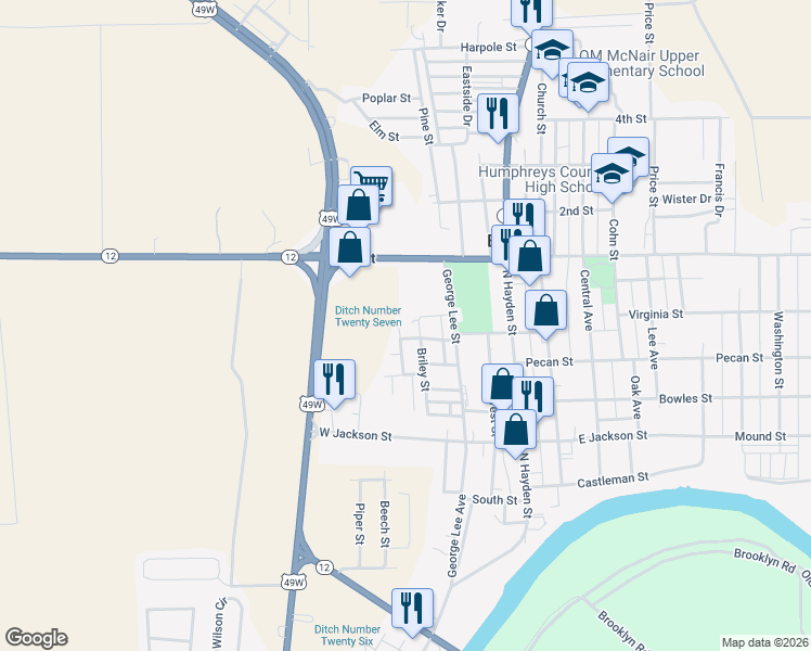 map of restaurants, bars, coffee shops, grocery stores, and more near 112 March Street in Belzoni